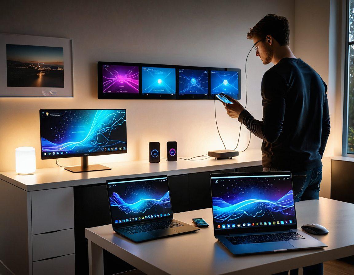 A modern, sleek home network setup featuring a router with glowing lights, multiple devices connected, and a user customizing settings on a laptop. The backdrop includes a digital landscape representing data flow and connectivity, with step-by-step visual cues highlighted on the screen. Vibrant colors with a tech-inspired atmosphere. super-realistic. 3D.