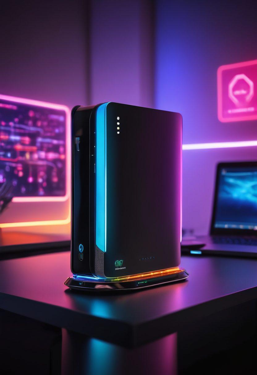 A sleek, customized wireless router glowing with vibrant LED lights, representing enhanced network security and performance. Surrounding it are digital elements like locks, shields, and fast connection symbols, conveying the idea of customization and security. In the background, a tech-savvy individual is adjusting settings on a laptop, symbolizing user empowerment and control. The overall scene is bright and modern, with a focus on technology and connectivity. super-realistic. vibrant colors. futuristic setting.