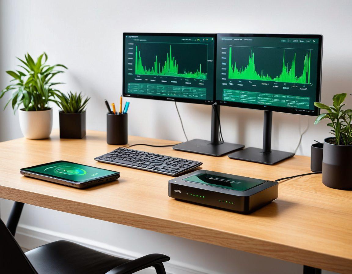 A sleek and modern wireless router sitting on a stylish desk, surrounded by digital graphs showcasing network optimization and connectivity strength. Lush greens symbolizing strong signals flow around the router, while tools like a laptop and smartphone display OpenWrt interface on screen. A warm ambient light illuminates the setup, inviting users into the world of advanced networking. super-realistic. vibrant colors. white background.